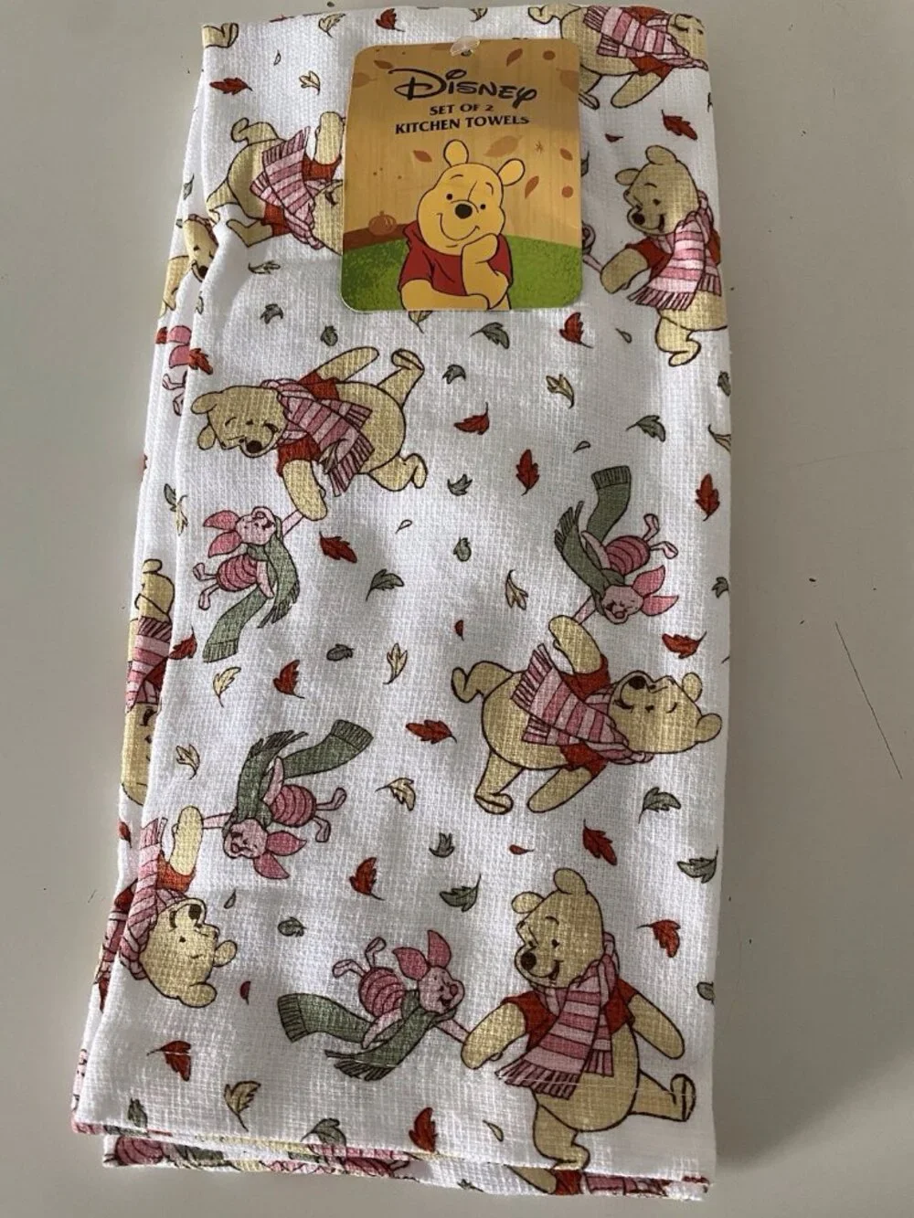 2 Pack Disney Winnie The Pooh Piglet Autumn Fall Leaves Kitchen Towels 16 X 26”